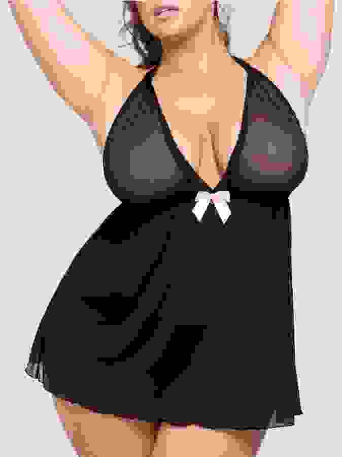Lovehoney Plus Size Barely There Sheer Black Babydoll Set, Black, hi-res